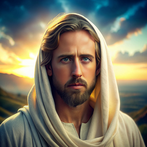 Ryan Gosling  as Jesus Christ with captivating authenticity. Dressed in a flowing white robe, his piercing blue eyes radiate compassion and wisdom. The serene background features a scenic landscape, creating a peaceful and introspective atmosphere. The soft, golden light gently illuminates his face, accentuating the depth of his portrayal. With a serene yet powerful presence, Robert Powell captures the essence of Jesus, capturing both his divinity and humanity. This evocative image 
