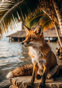 A fox basks on the sea in the tropics