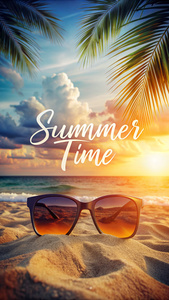 beach bacground, with close up sunglasses. add text "Summer time" Summertime