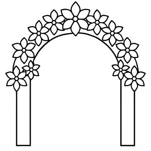 a garden archway covered with blooming flowers in line art.
