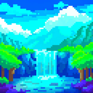 A pixel art waterfall cascading down a lush green mountainside.