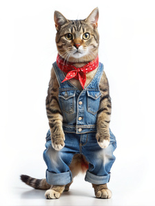An image of a cat in jeans and a denim vest, the cat stands on its hind legs in white sneakers, a bandana on its head, white background 